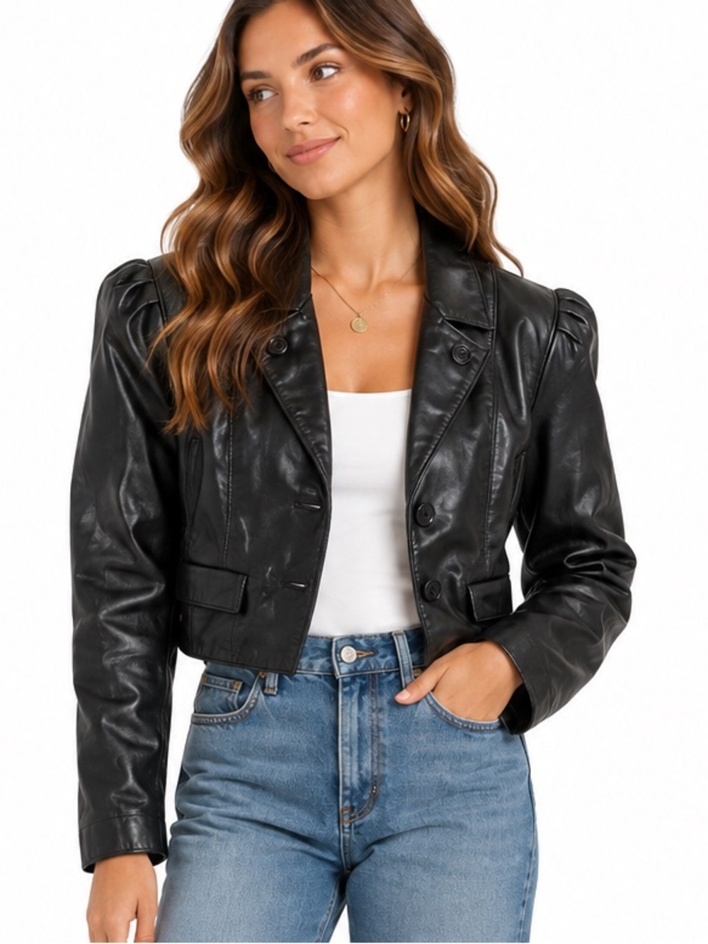 Club Pelle Genuine Leather Cropped Blazer Black M Fitted Strong Shoulder 90s